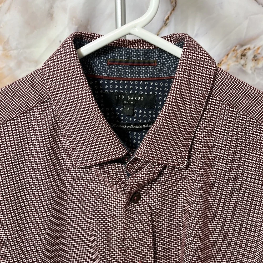 Mens Ted Baker London Long Sleeve Button Up Maroon and White Contrast Trim SZ 3 - Picture 2 of 11